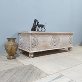 Handmade Indian Furniture Solid Hard Wood Carved Blanket Box Whitewash